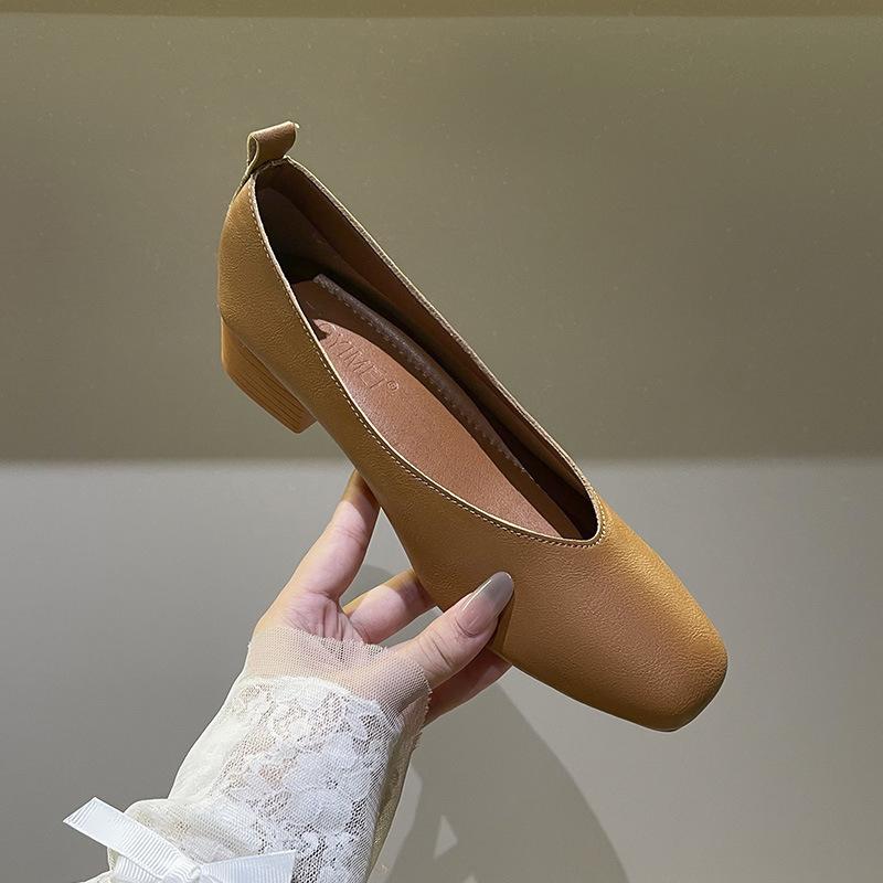 Leather 3.5cm thick heel middle heel single shoes women's spring and autumn new French square head professional work non-grinding feet grandma shoes