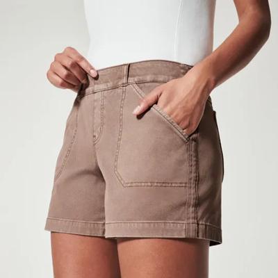Moda feminina de verão, calças simples de cor sólida, bolsos, levantamento de quadril, sarja de alta elasticidade, shorts casuais