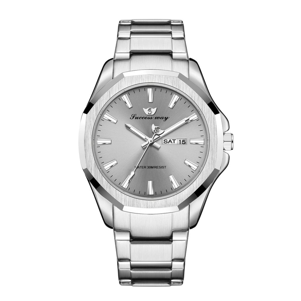 New Elegant Business Gentleman Style Steel Strip Men's Quartz Watch Waterproof Night Light Dual Calendar Men's Quartz Watch