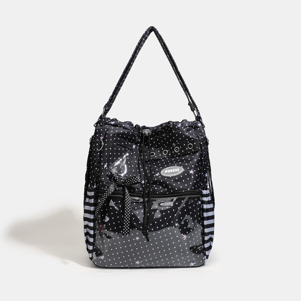 Y2k Ita Bag Large Capacity Tote Bag Star Dot Print Japanese Backpack Girl Srtiped Pocket Drawstring College Student Shoulder Bag
