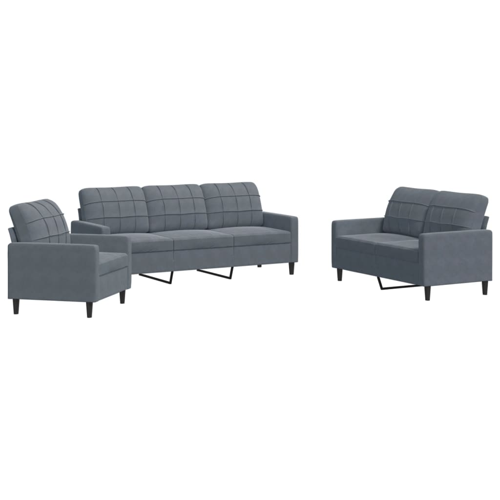 3 Piece Sofa Set with Cushions Dark Grey Velvet