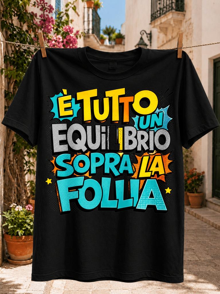 Is All A Balance Above Madness Italian Quote In Yellow Orange Gray And Teal Comic Letters Colorful Unisex All Tshirt