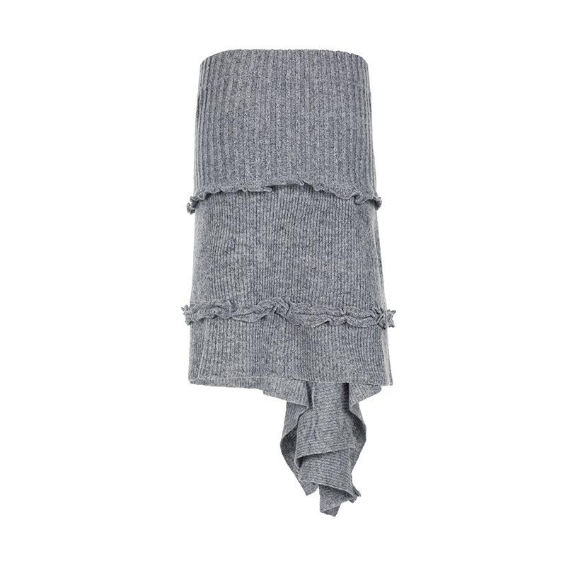 Women's Autumn Irregular Hem Knit Skirt - European & American Street Style with Pleated Design and Lace Details