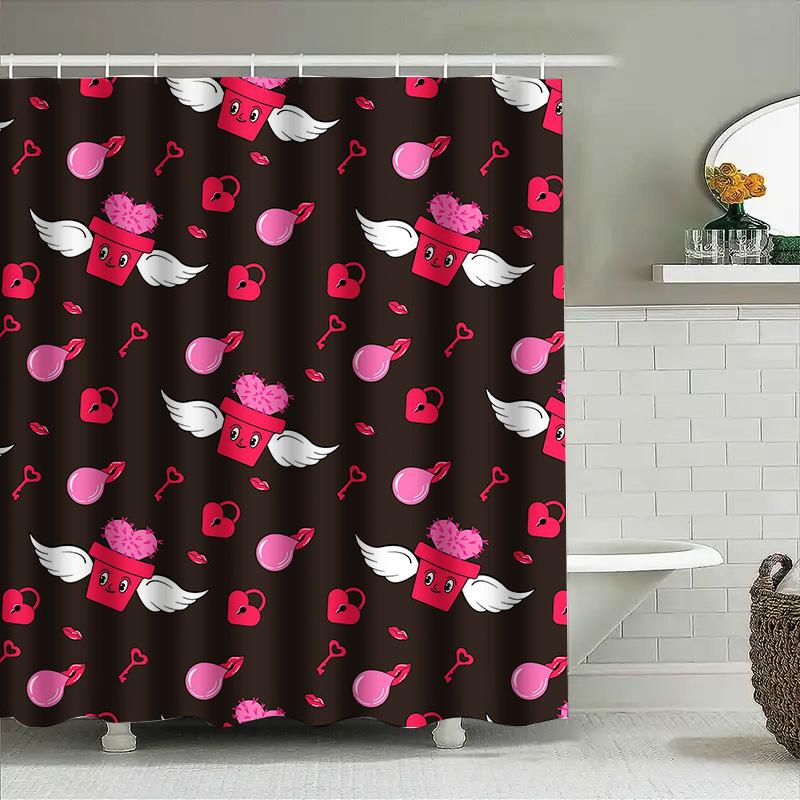 

Pink Hearts Love Pot Shower Curtain SetRomantic Home Decor for Bathroom with 12 Hooks Red White Theme 90x180cm