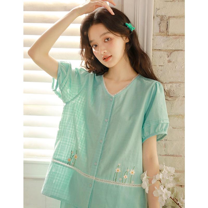 Summer New Pajamas Women's Pure Cotton Cotton Yarn Short-sleeved Cropped Pants Chest Pad Can Be Worn Outside Loose Loungewear Set 11