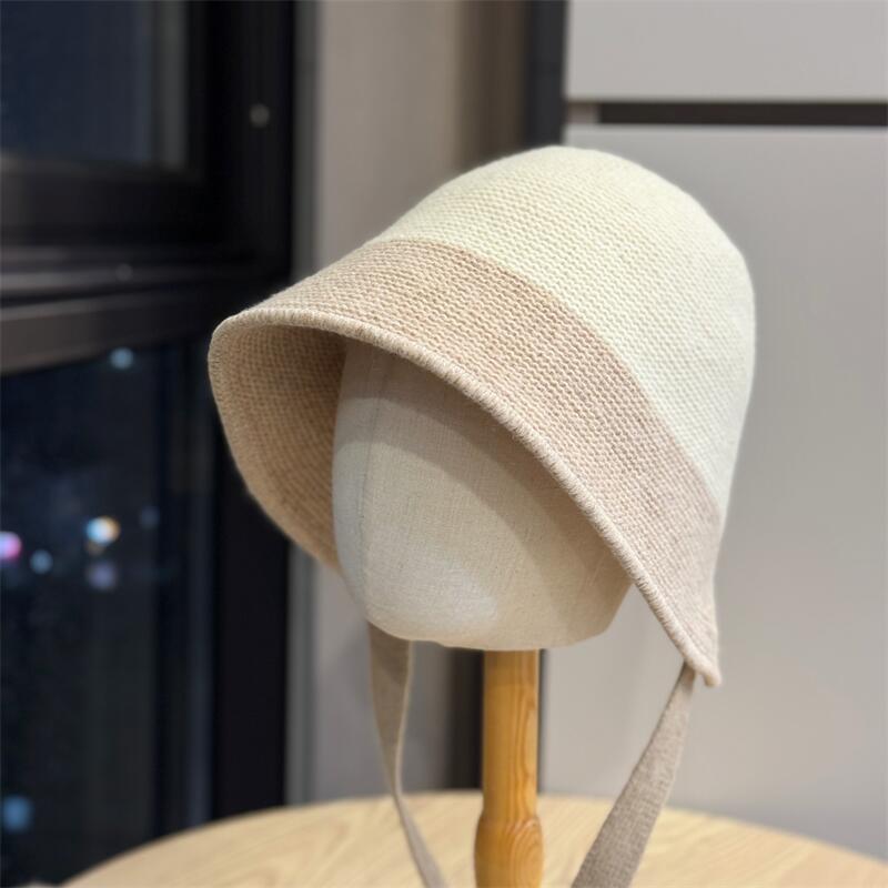 Outdoor Eaves Knitted Strap Versatile Bucket Hat Casual Color Matching Autumn and Winter Windproof Warm Face Small Wool Basin Hat