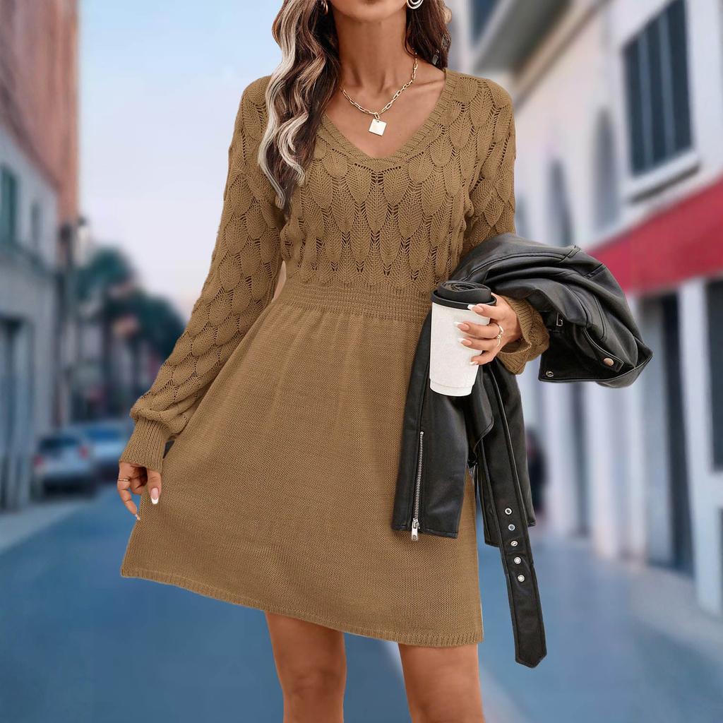 Women's Casual V-neck Hollow-out Scale Texture Solid-color Long-sleeve Sweater Dress