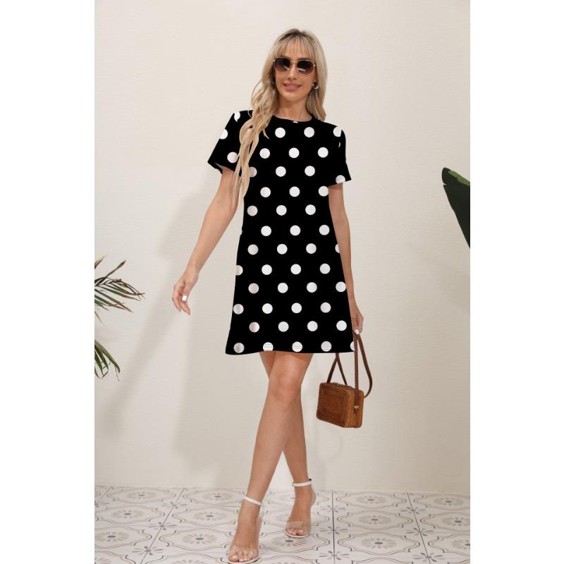 Summer Latest Women's Fashion Print Street Trend Round Neck Sweet and Fresh Flowers Solid Colors Suitable for Beach Dresses