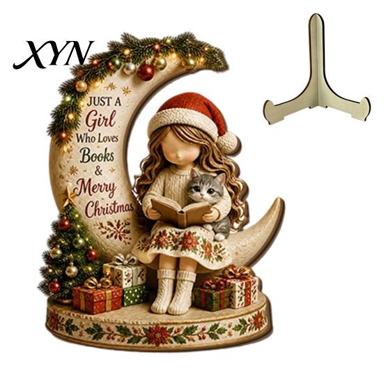 Winter Party Decorations Christmas Wooden Table Sign, 2D Flat Santa Claus/Snowman Reading Desktop Ornament Gift for Family with Stand, Holiday