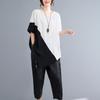 Koreanischer Sommer Damen Rundhals Kontrastfarben Tops Aushöhlen Patchwork Unregelmäßig Lässig Kurzarm Locker Midi T-Shirt