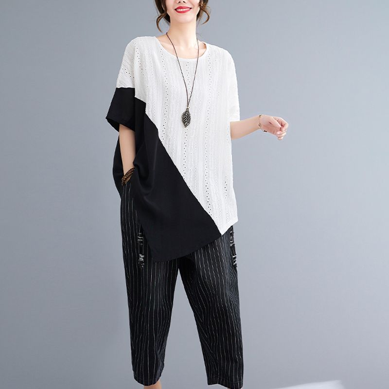 Koreanischer Sommer Damen Rundhals Kontrastfarben Tops Aushöhlen Patchwork Unregelmäßig Lässig Kurzarm Locker Midi T-Shirt