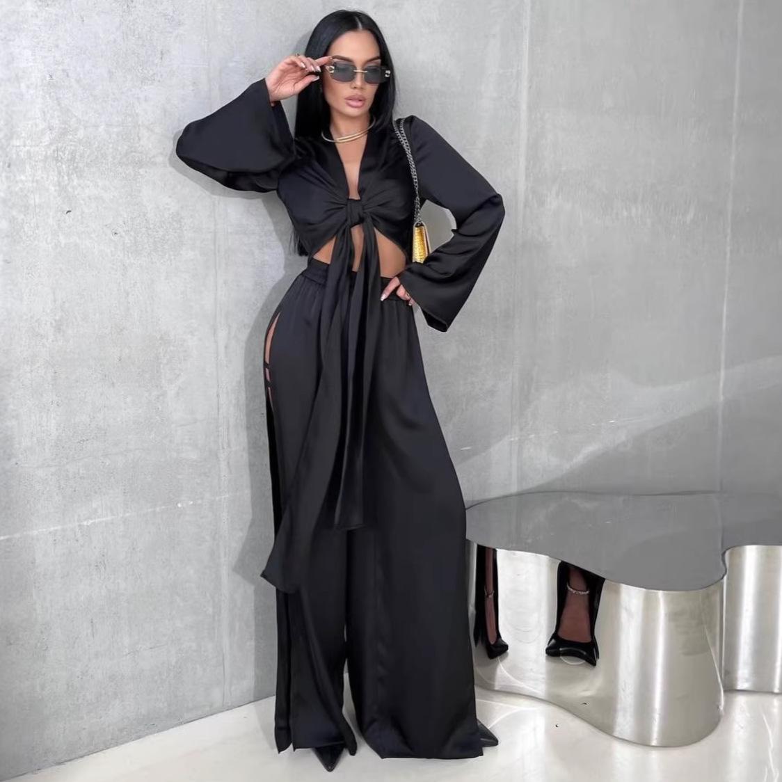 Europe, America 2025 Amazon cross-border new cross-border lace-up sexy French long-sleeved top wide-leg trousers suit women XS