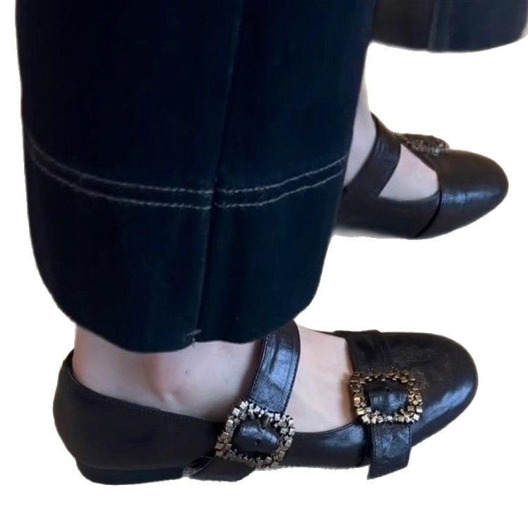 Soft leather version~ Shallow soft leather versatile one-word buckle flat Mary Jane shoes women's retro rhinestone comfortable low-heeled single shoes