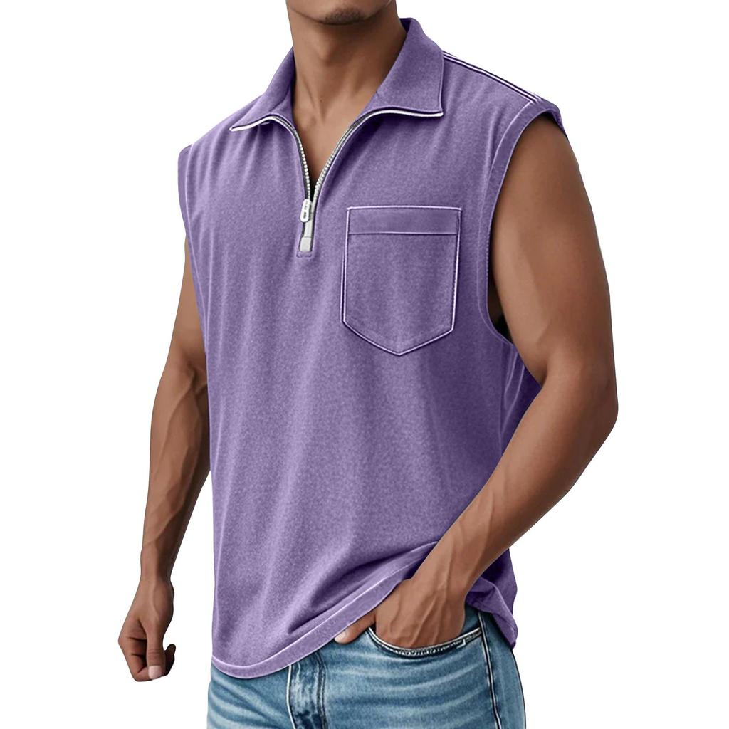 Men's Summer Solid Color Sports Zipper Lapel Vest Men's Sports Casual Vest