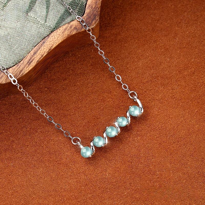 Natural blue water yang green jadeite necklace female S925 sterling silver collarbone chain female exquisite retro versatile necklace 925 silver