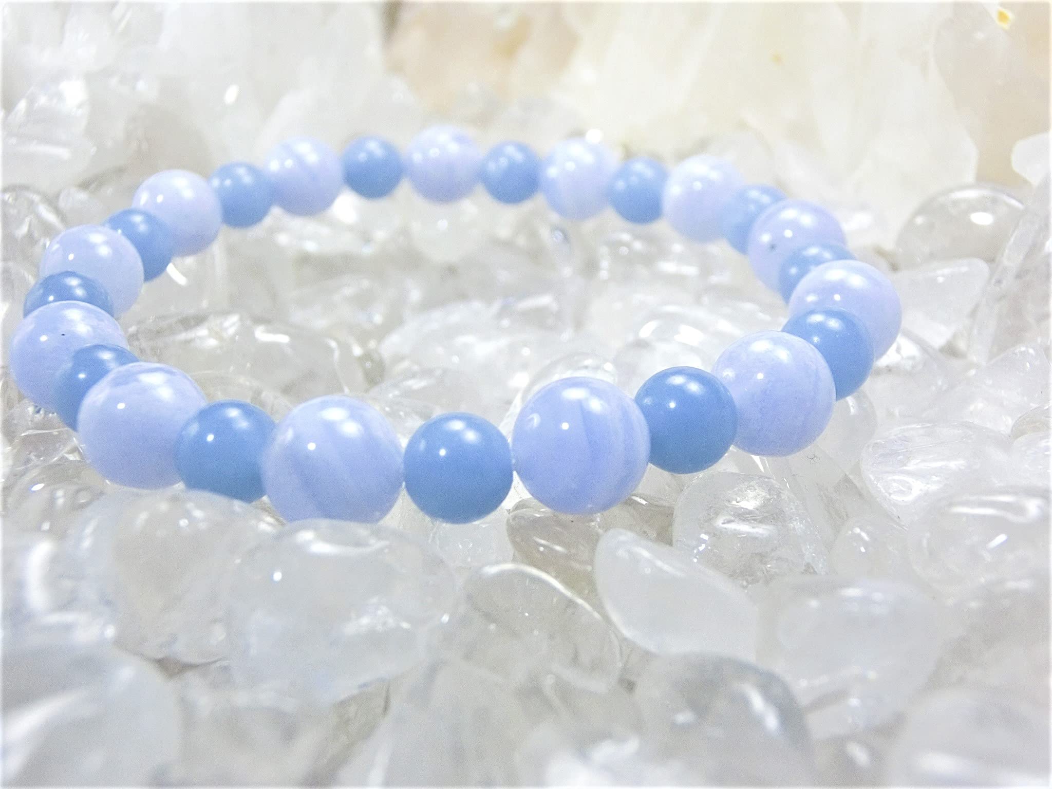 

Kanoishi sparkle of blue natural stones will adorn your Blue Lace Agate and Angelite Bracelet for 8mm and with Natural Power Stones crushed