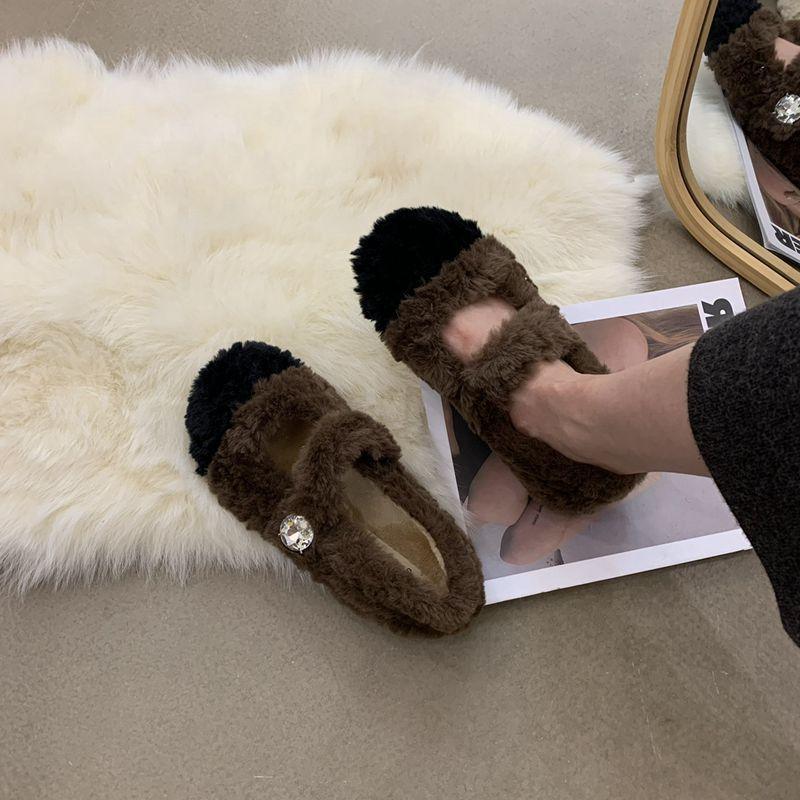 

Плюшевая зимняя обувь контрастного цвета, женские повседневные противоскользящие кашемировые теплые удобные хлопковые тапочки с плоской подошвой