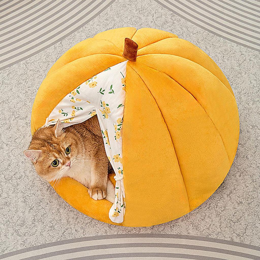 Cat Cave Bed Washable Warm With Removable Pad Pumpkin Enclosed Cat Bed With Door Drape For Calming Sleeping Winter Kitten Small