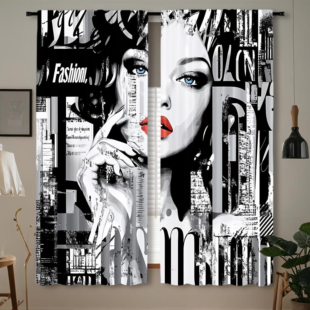 2pcs Fashion Woman Portrait Curtains Modern Art Print Blue Eyes Red Lips Abstract Design Polyester Window Drapes for Living Room