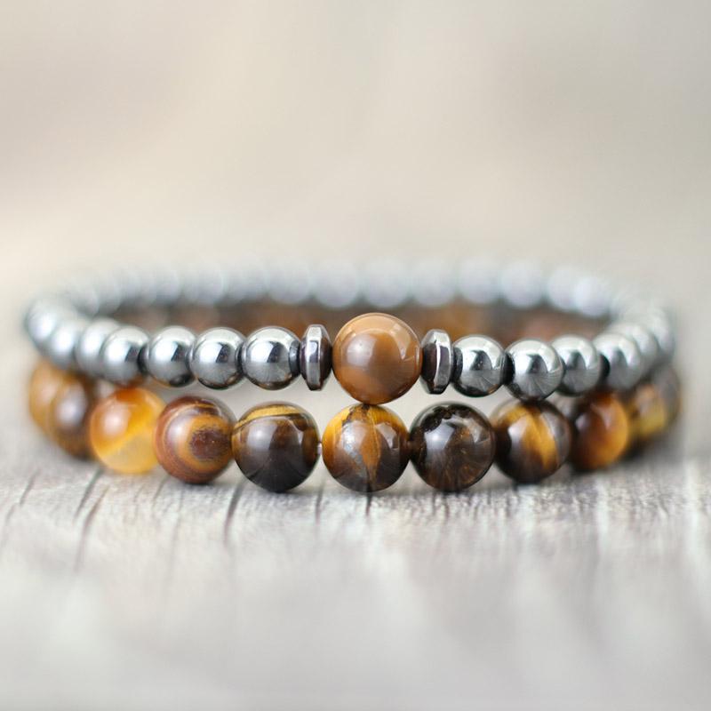 2 Pcs Natural Black Frosted Tiger Eye Stone Bracelet Men Women Gothic Vintage Beaded Brazelets Set Couple Hand Jewellery