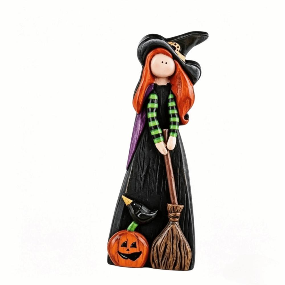 Pumpkin Accent Halloween Witch Figurine Wooden Material Halloween Witch Ornament Tabletop Use