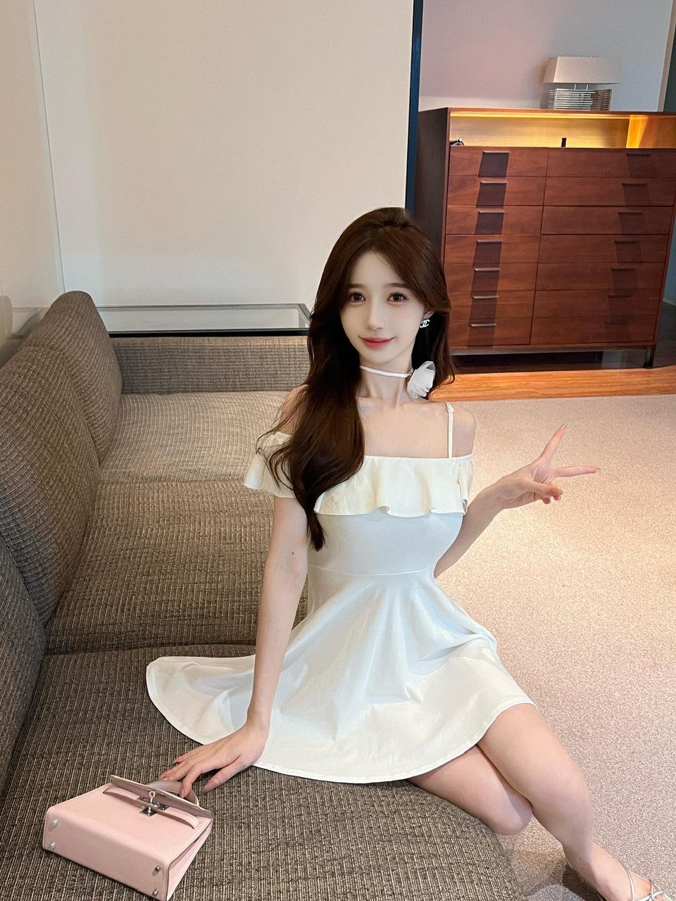 Sexy ruffle leaf edge off-the-shoulder suspender big pendulum cotton backing dress gentle wind slim texture showing figure skirt S белый