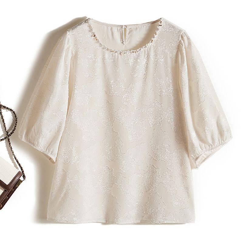 

Little White Collar Tops! Poplin Yarn Flocking Jacquard Short Sleeve Beaded round Neck White T-shirt Female Summer Clean White L