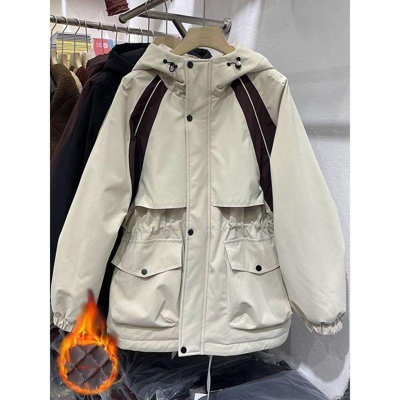 Womens Thick Padded Hooded Coat With Contrast Trim Cinched Waist Long Sleeve Winter Jacket Casual Daily Wear