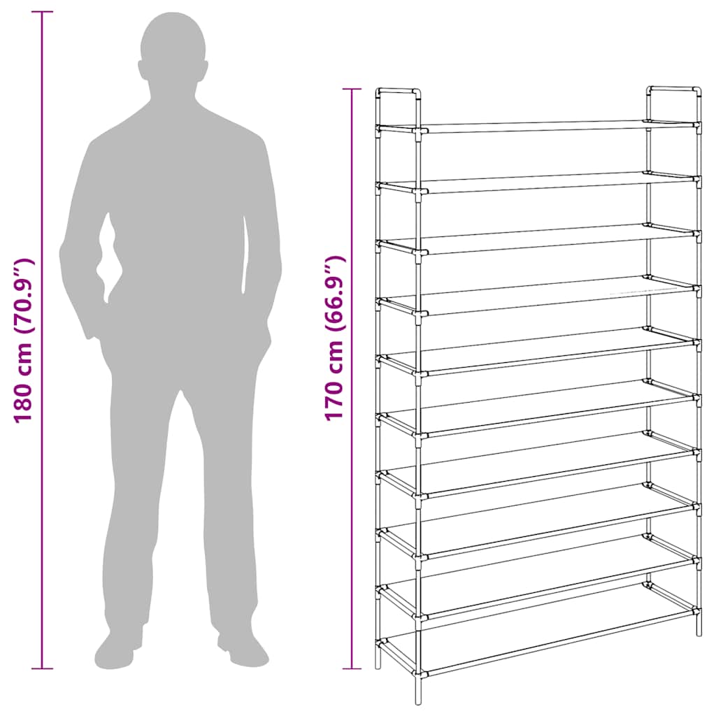 Shoe Rack with 10 Shelves Metal and Felt Fabric Black