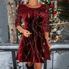 Frühling und Herbst Damen Kleid einfarbig Rundhals Langarm Perlen Patchwork A-Linie Kleider