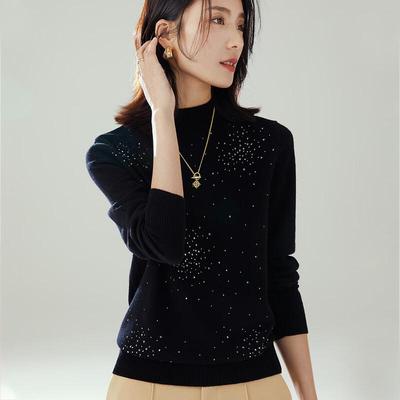 TUHUANG Damen Reiner Woll-Strickpullover mit Strass und halbem Rollkragen