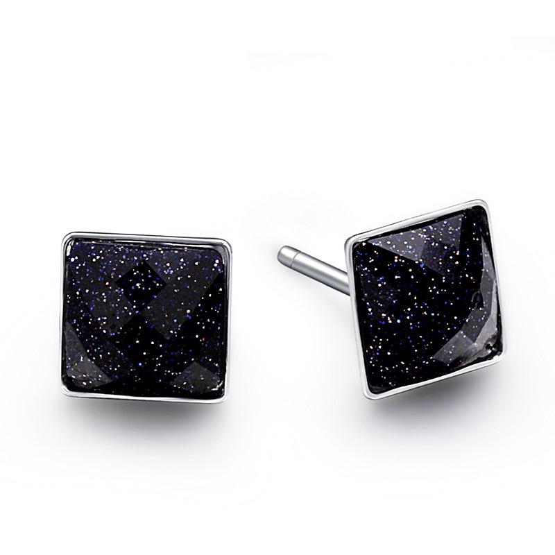 925 Sterling Silver Black Gold Sand Crystal Earrings, Korean Style Fashion Men's Studs
