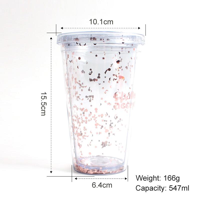 

1pc 16oz Trendy Double-Walled Sippy Cup with Rose Gold Glitter Portable Tumbler with Straw Lid for Daily Use чистый