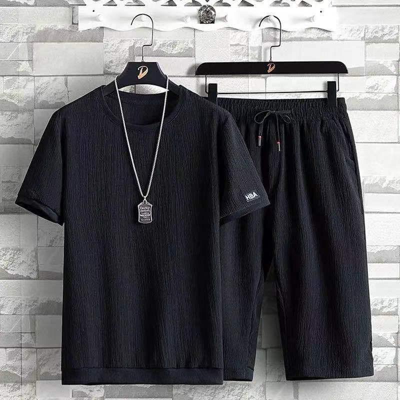 Ice Silk Men's Summer Casual Sportswear Set: Short Sleeve & Seven-Point Pants