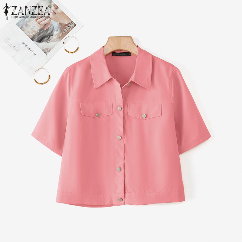ZANZEA Women Casual Turn Down Collar Loose Summer Half Sleeve Blouse
