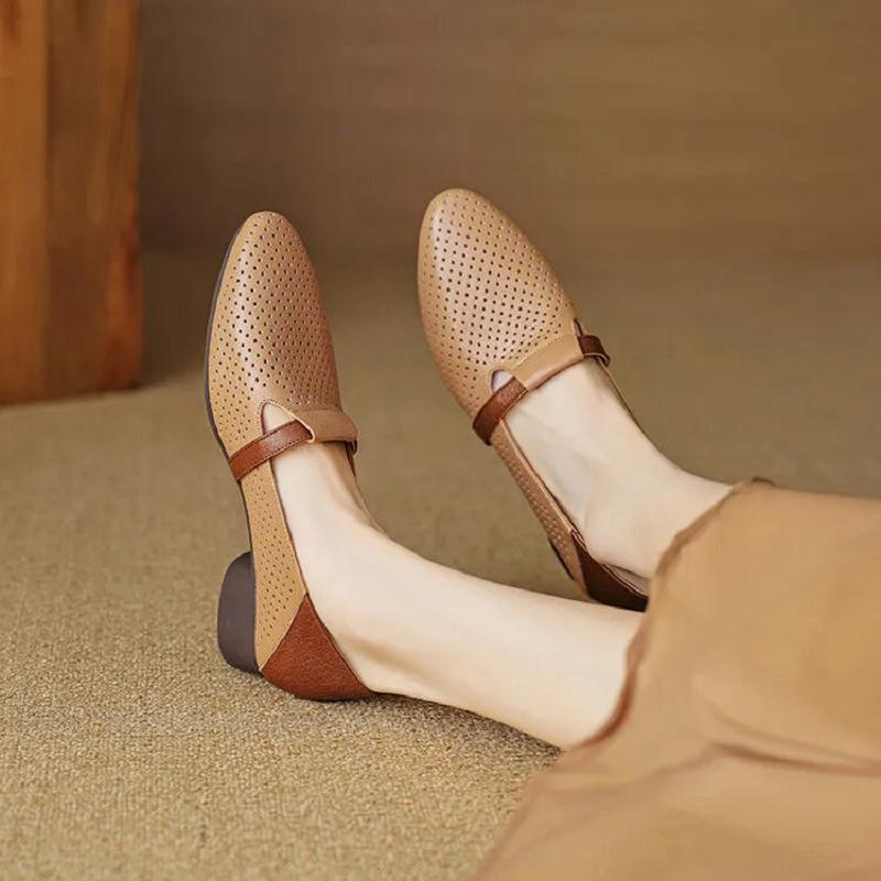 women cute pointed toe hollow out breathable spring slip on square heel shoes for office lady casual work pumps ab557