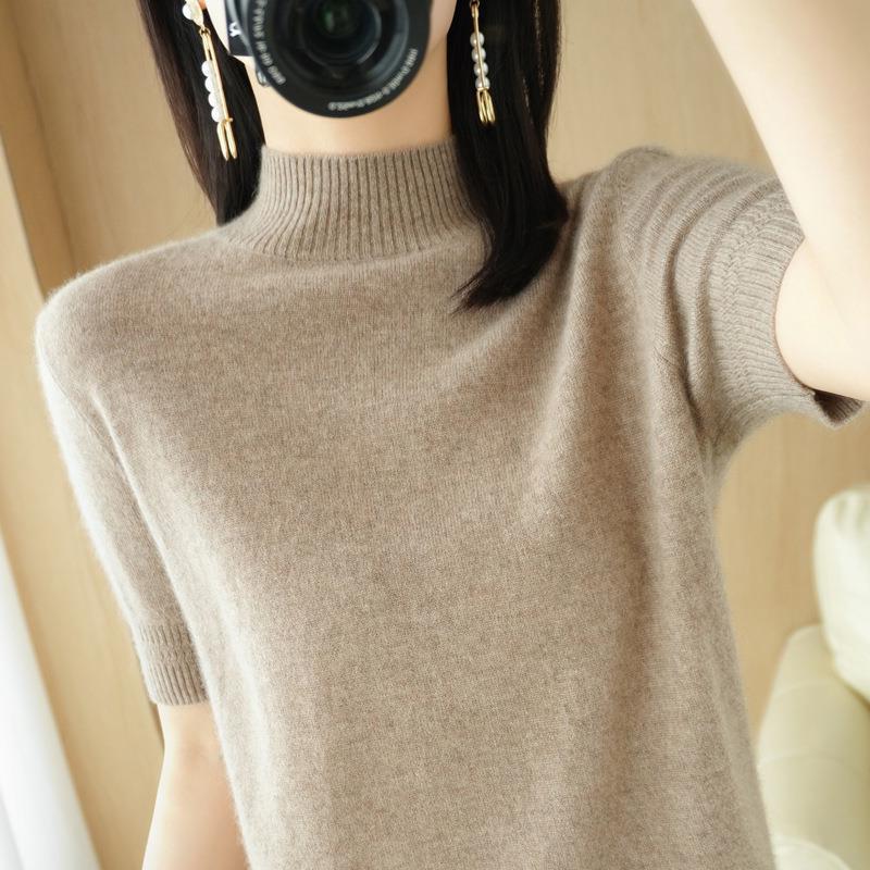 Spring and Summer Women's New Loose Half Turtleneck Mid-sleeve Short Pullover Solid Color Bottoming Sweater T-shirt