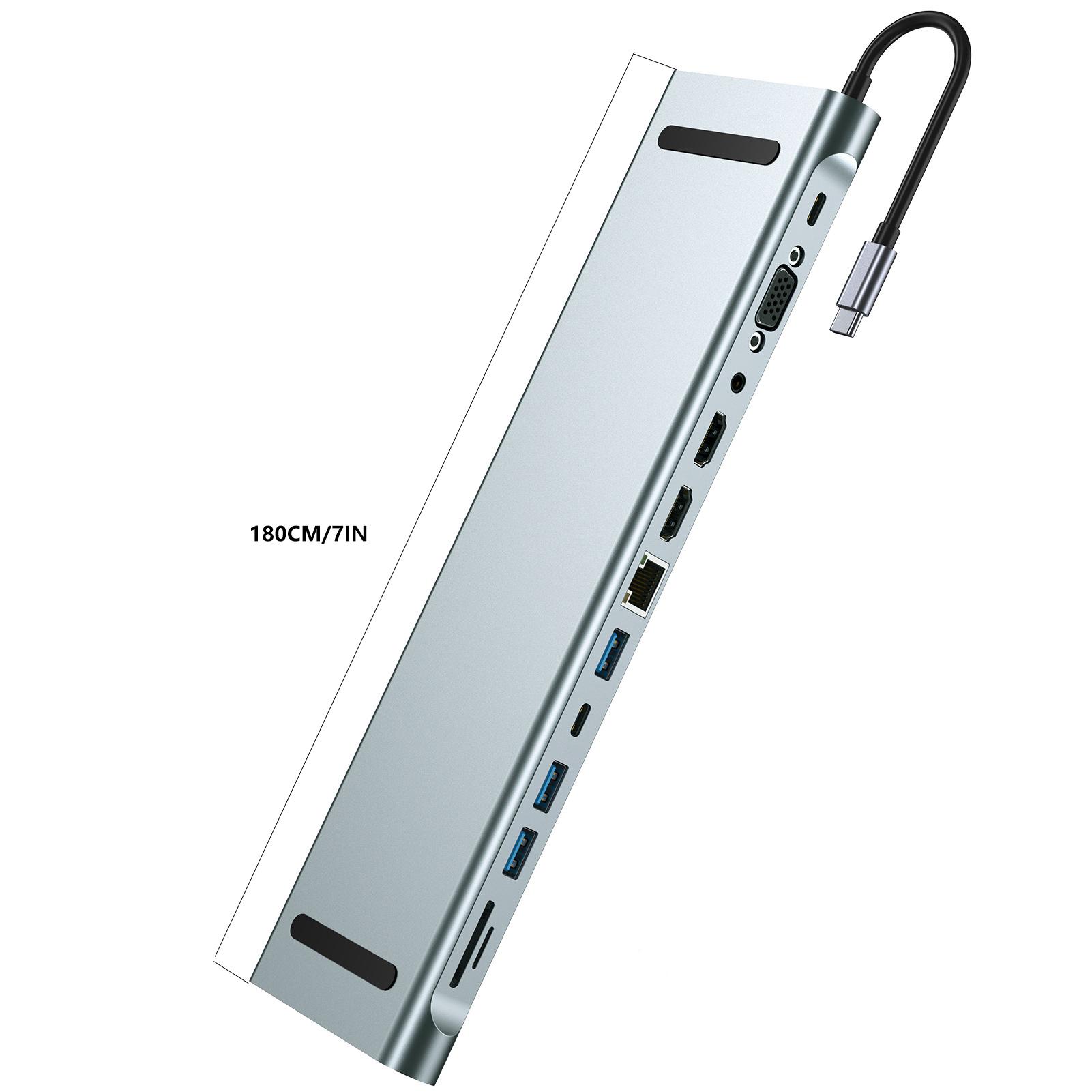 

Док-станция 12-в-1: Двойной выход HDMI VGA, USB3.0, быстрая зарядка PD, аудиовыход 3,5 мм, RJ45, 87 Вт для U-диска, мыши, клавиатуры 12 IN 1