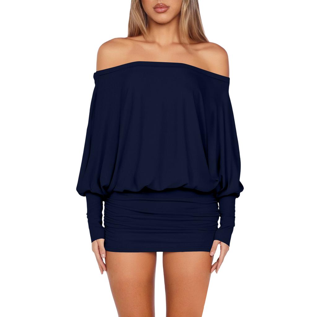 Mini Abito da Donna Scollo a Barca Manica Lunga Casual Vestibilità Larga Pullover Elasticizzato Bodycon