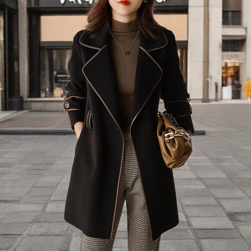 

Autumn and Winter New Fashion Loose and Thin Color Matching Solid Color Woolen Coat Coat M чёрный