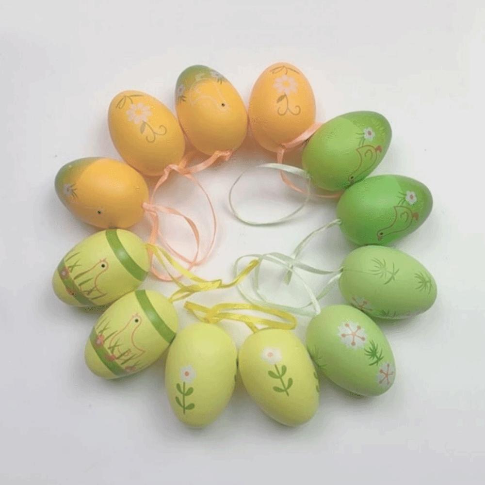 12Pcs/Set Cartoon Easter Hand Painted Egg Easter Egg Artificial Egg Pendant Party Decoration