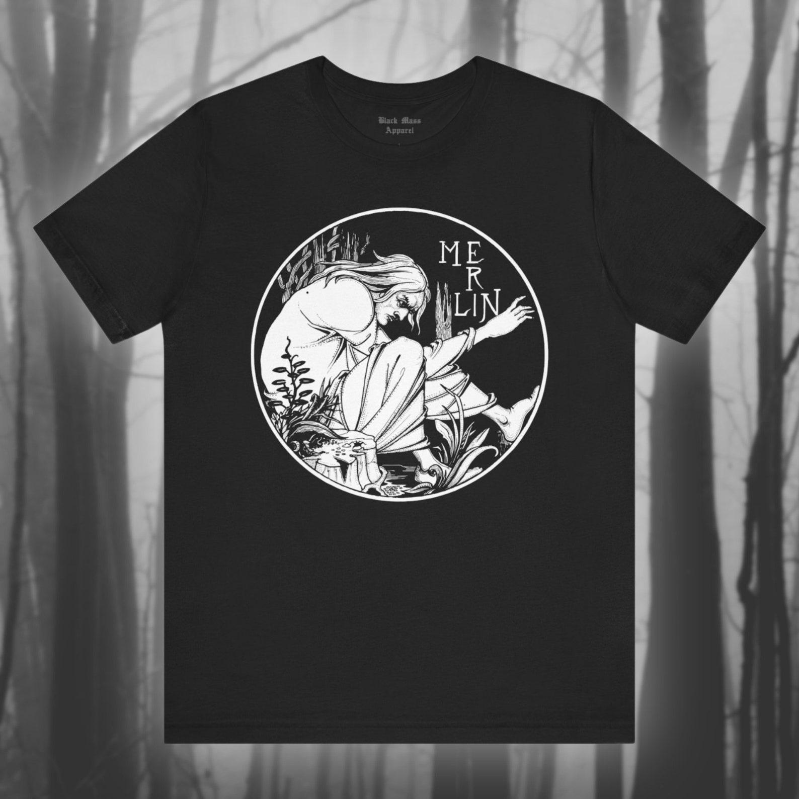 Merlin, Aubrey Beardsley Shirt, Wizard T-Shirt, Magician, King Arthur, Vintage Witchcraft, Gothic T-Shirt Unisex Jersey Short Sleeve Tee 3XL