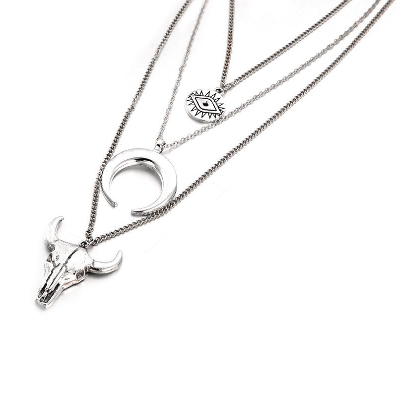 Stylish Simple Alloy Bull's Head Geometric Disc Eye Horn Multi-layer Necklace
