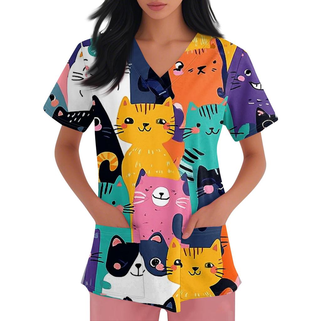 Women's V-neck Printed Short-sleeved Work Clothes With Side-slit Pockets And Uniforms