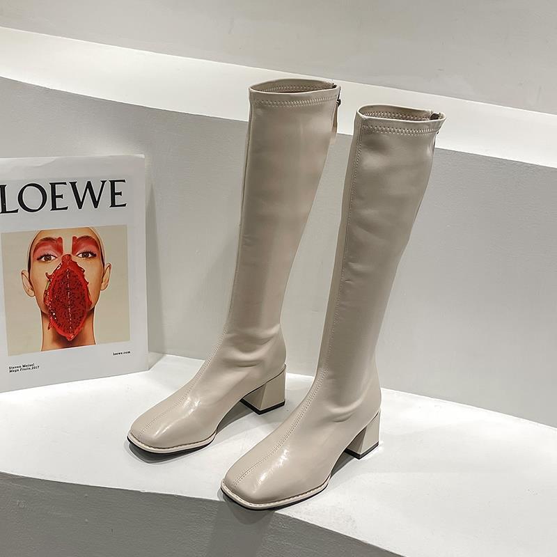 White tall tube square head but high heels knee thick heel  boots small boots season boots women