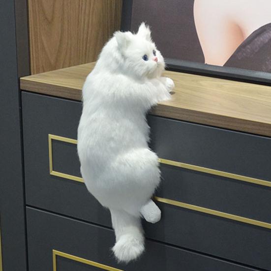 Simulation Furry Cat Ornament Plush Animal Figurine Realistic Fluffy Kitten Model Hanging Cat Decoration for Home TV Stand Shelf Decor