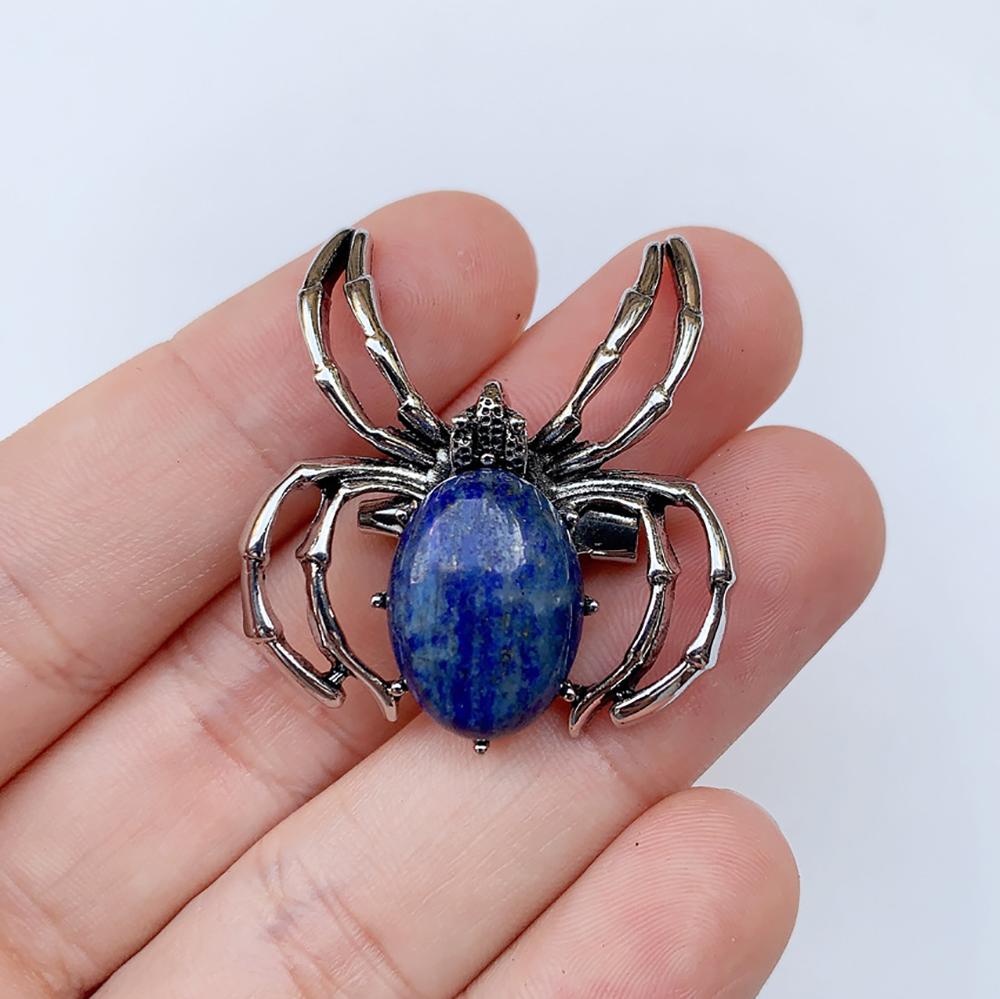 Natural Gem Stone Spider Brooch for Backpacks Jackets Hats Pants Jewelry Accessory Natural Quartz Halloween Spider Pin Brooch