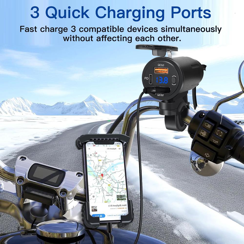 Motorcycle USB Fast Charger Waterproof Type C Port Socket Connector with Voltmeter Digital Charge 12V Power Adapter