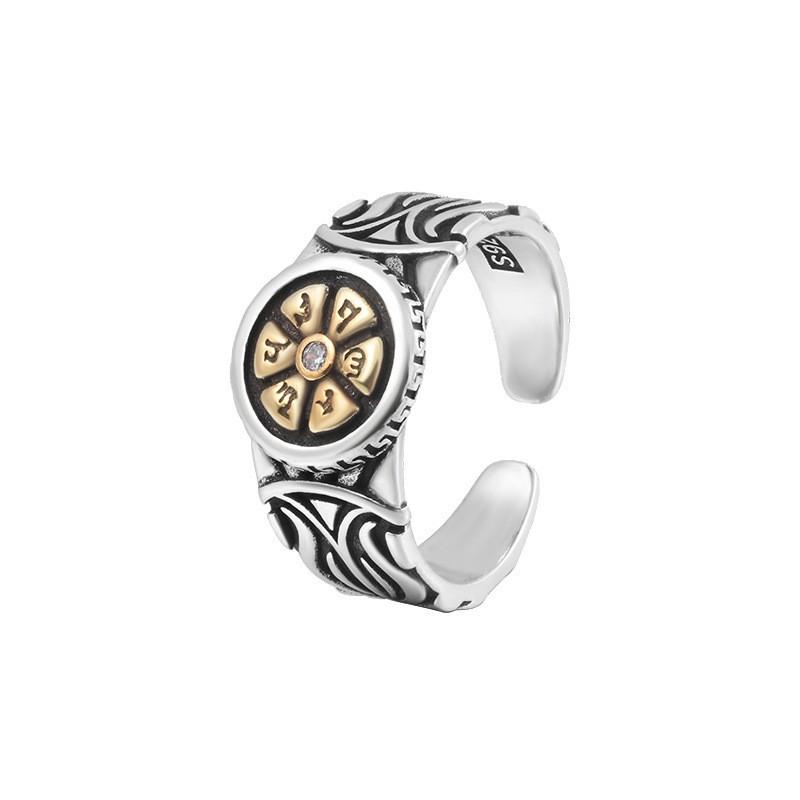 Adjustable Open Ring Men Women Vintage Sunflower Design Six Words Mantra Geometric Statement
