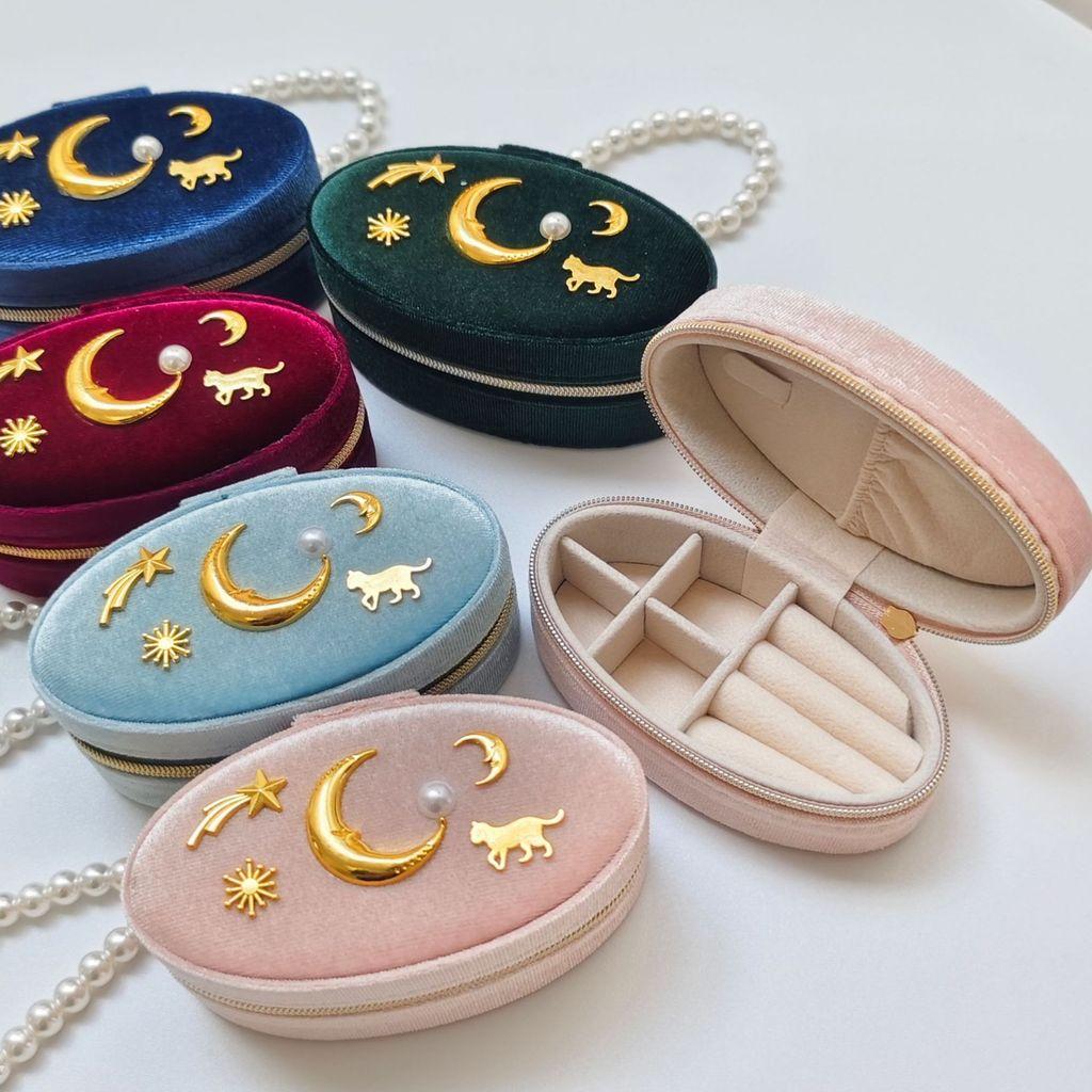 Scatola Portagioie Lunare Vintage con Materiale in Velluto e Cerniera con Perla per Orecchini e Anelli Regalo